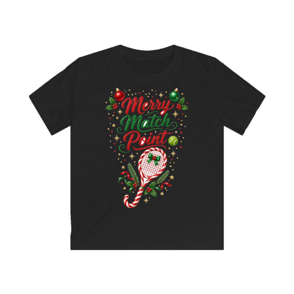 Merry Match Point Tennis personalised kids Christmas tee in black