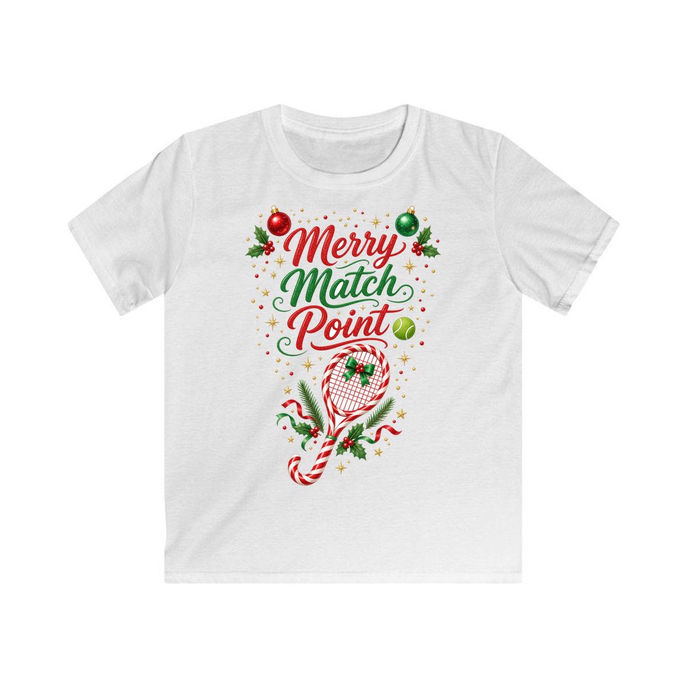 Merry Match Point Tennis personalised kids Christmas tee in white