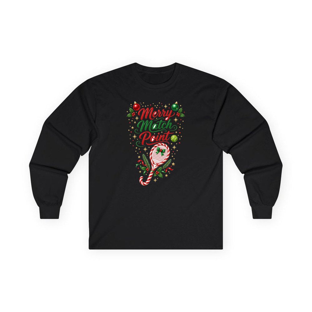 Merry Match Point Tennis personalised long sleeve Christmas T-shirt in black