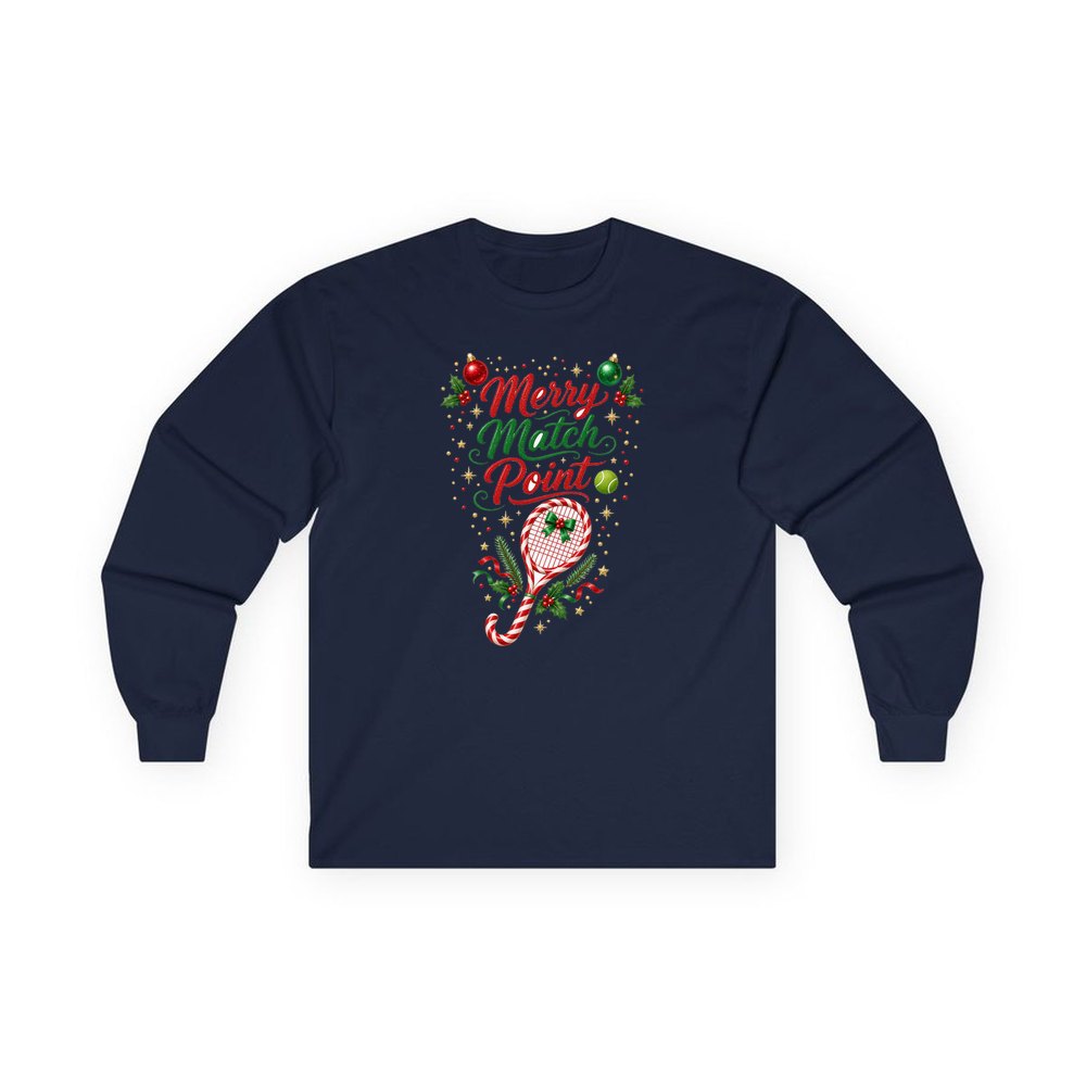 Merry Match Point Tennis personalised long sleeve Christmas T-shirt in navy