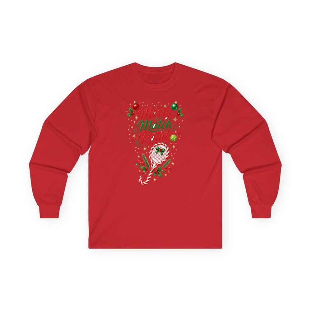 Merry Match Point Tennis personalised long sleeve Christmas T-shirt in red