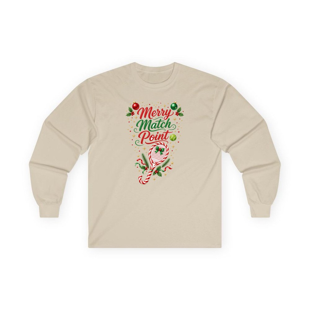 Merry Match Point Tennis personalised long sleeve Christmas T-shirt in sand