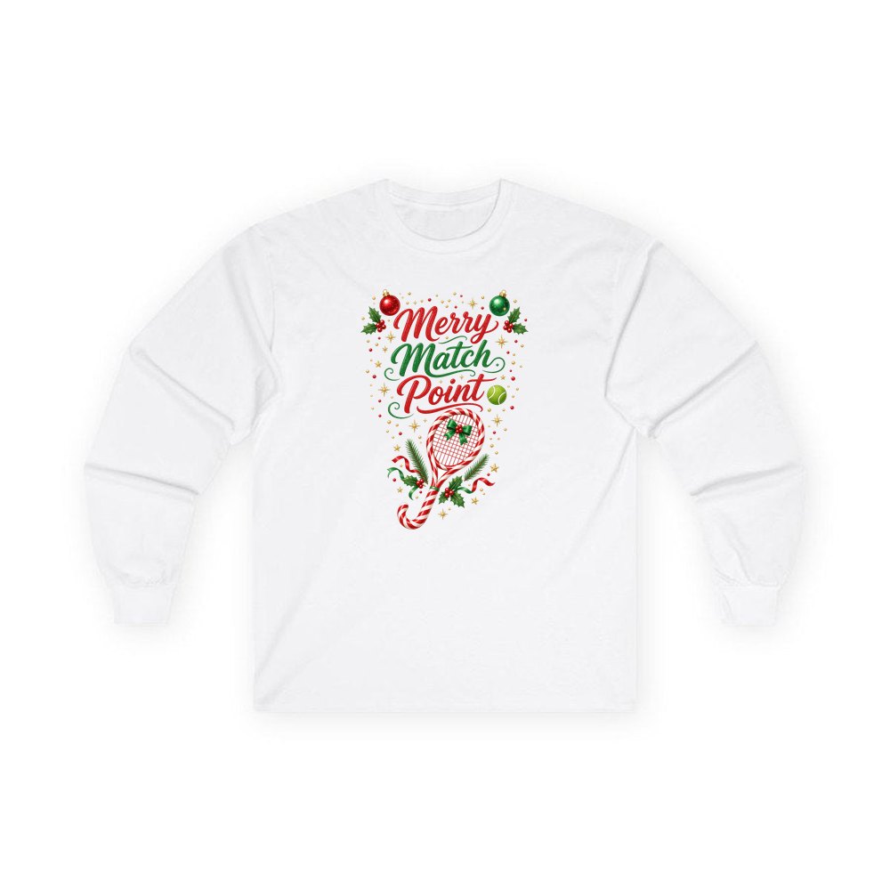 Merry Match Point Tennis personalised long sleeve Christmas T-shirt in white