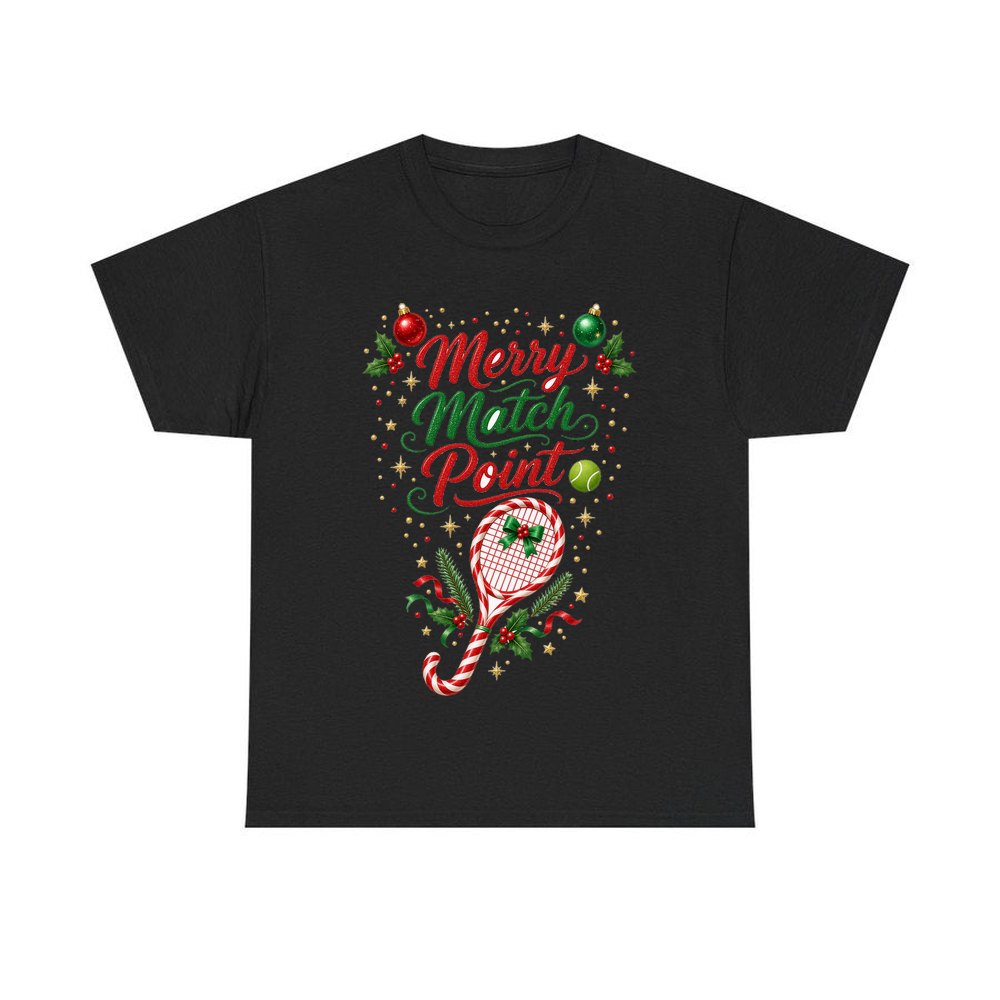 Merry Match Point Tennis personalised Christmas T-shirt in black