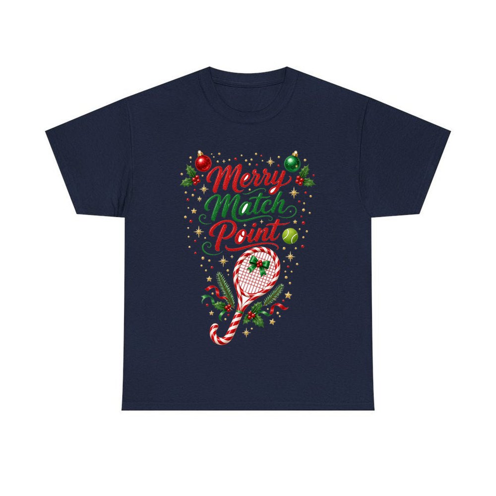 Merry Match Point Tennis personalised Christmas T-shirt in navy