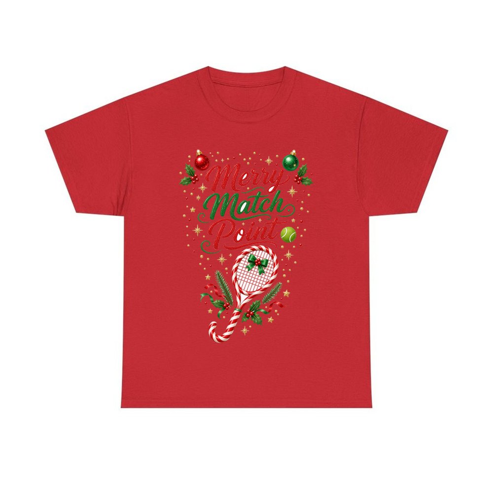 Merry Match Point Tennis personalised Christmas T-shirt in red