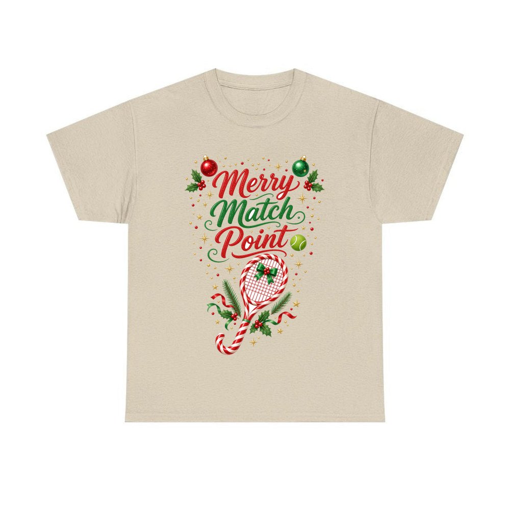 Merry Match Point Tennis personalised Christmas T-shirt in sand