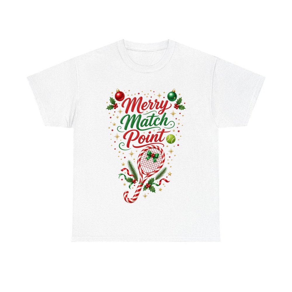 Merry Match Point Tennis personalised Christmas T-shirt in white