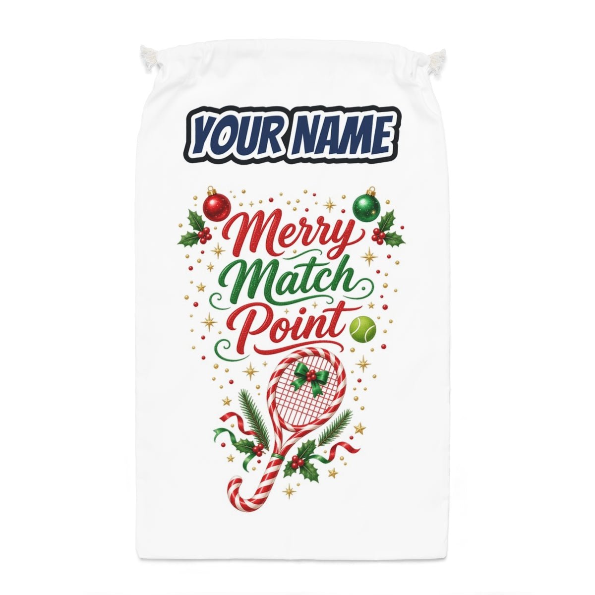 Merry Match Point Tennis Santa sack laid flat, showing the full print