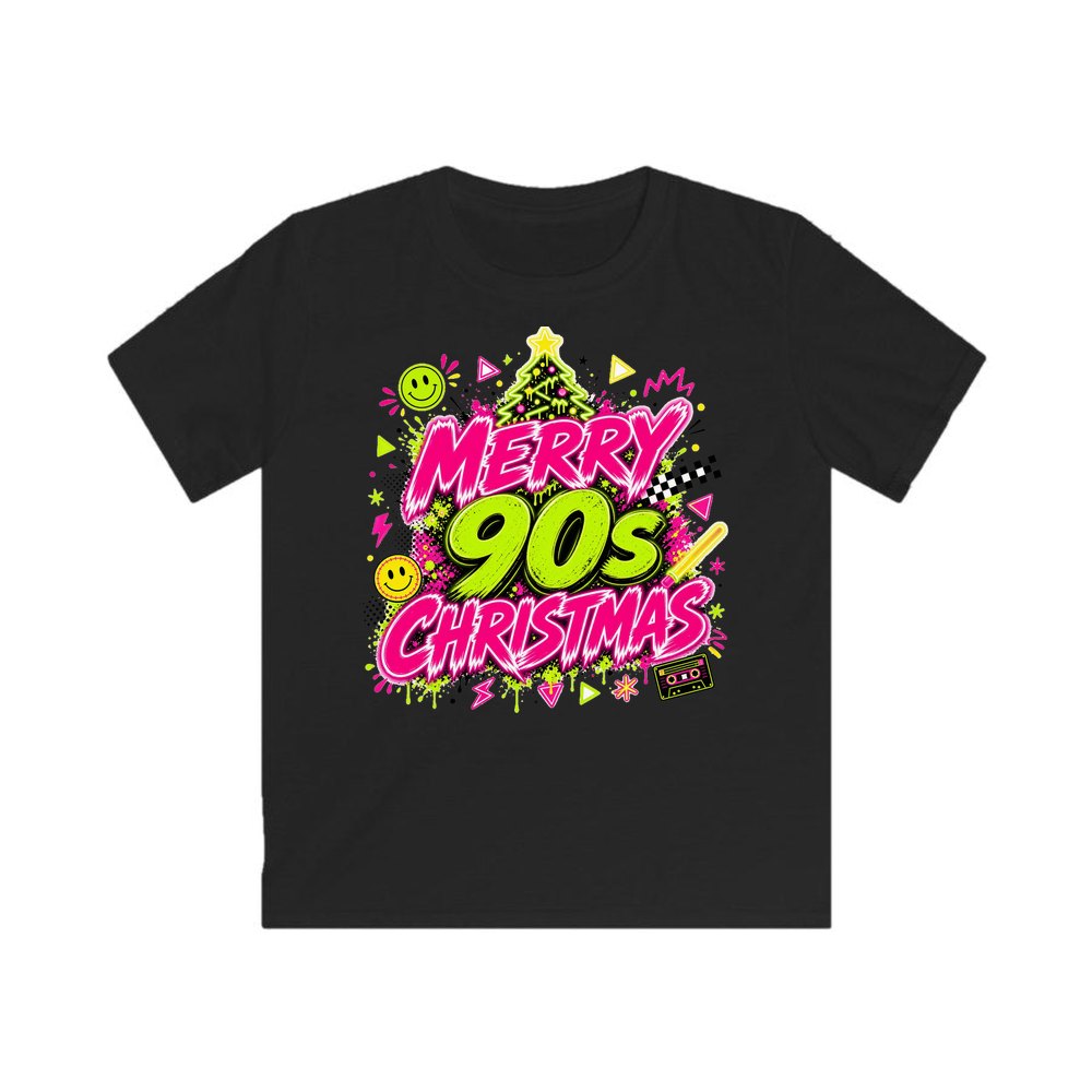 Merry Nineties Neon Christmas personalised kids Christmas tee in black