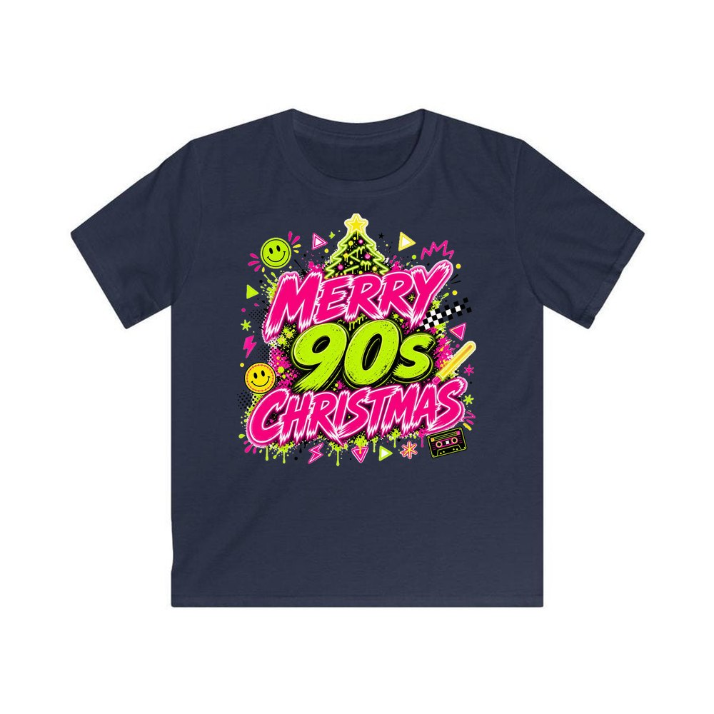 Merry Nineties Neon Christmas personalised kids Christmas tee in navy