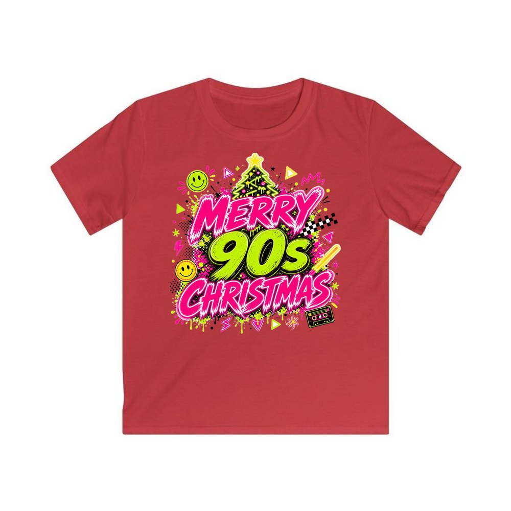 Merry Nineties Neon Christmas personalised kids Christmas tee in red