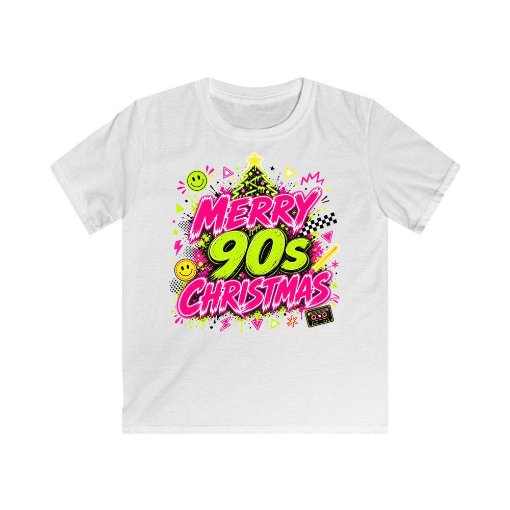 Merry Nineties Neon Christmas personalised kids Christmas tee in white