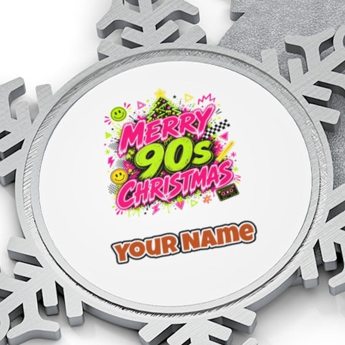 Merry Nineties Neon Christmas Personalised Pewter Christmas Ornament