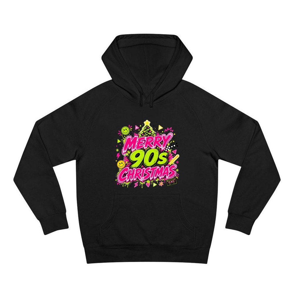 Merry Nineties Neon Christmas personalised Christmas hoodie in black