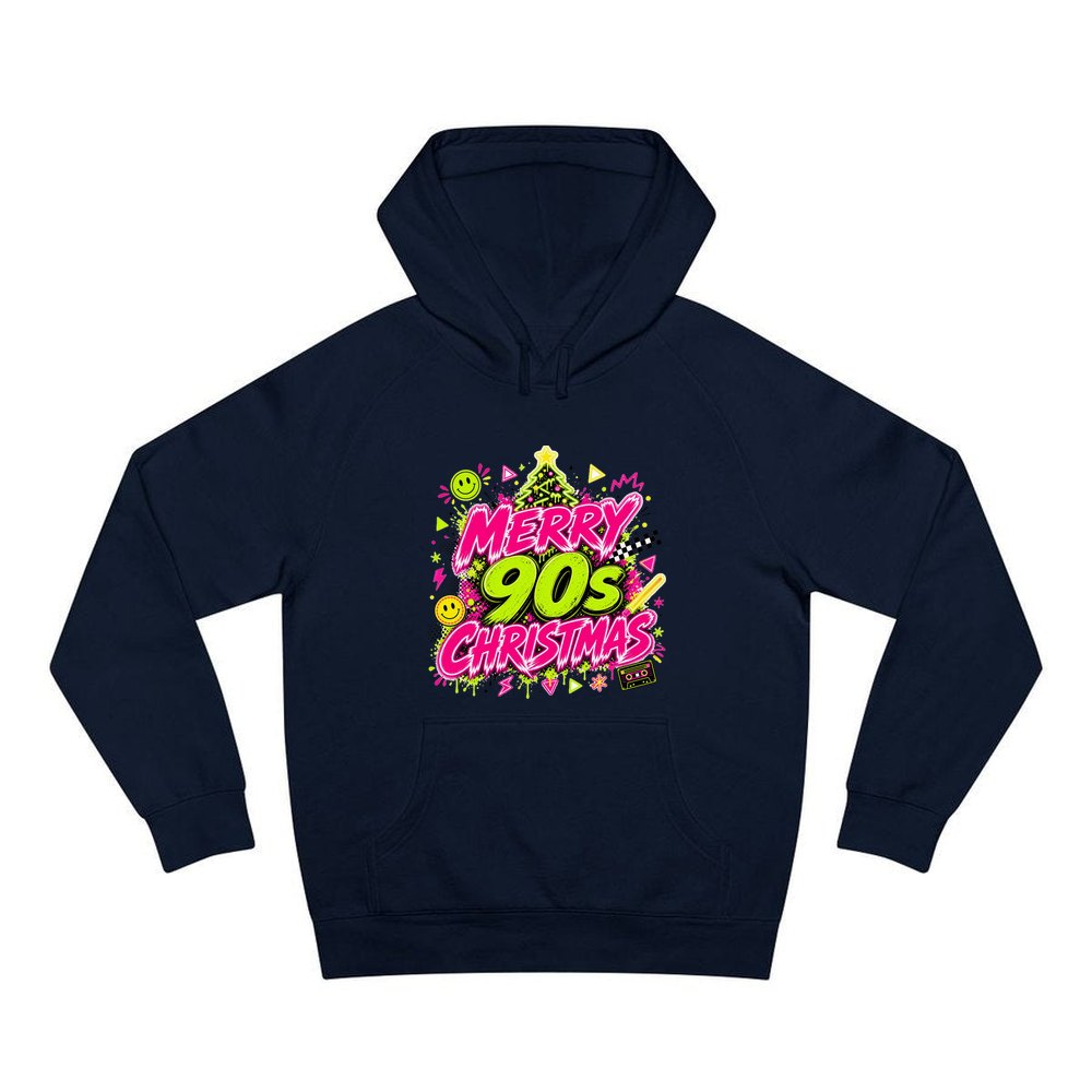 Merry Nineties Neon Christmas personalised Christmas hoodie in navy