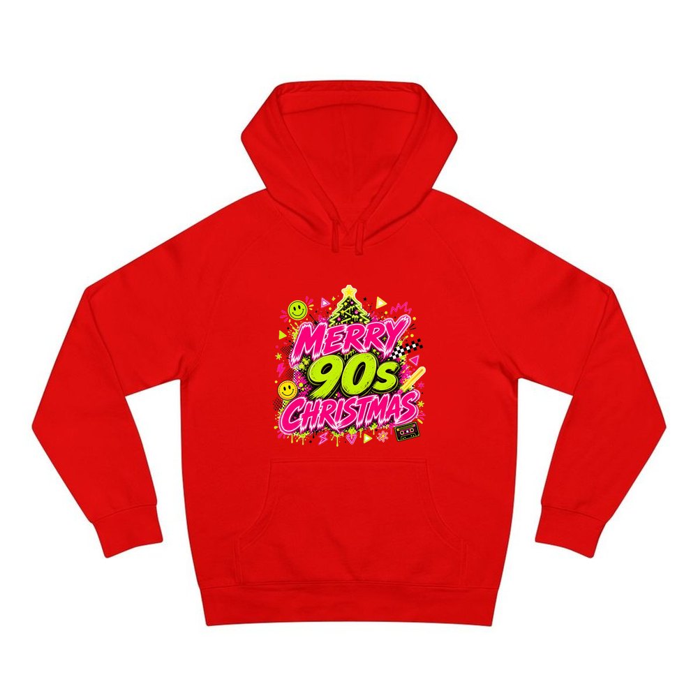 Merry Nineties Neon Christmas personalised Christmas hoodie in red