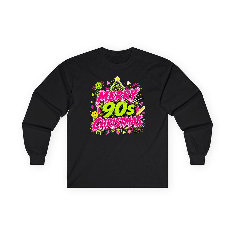Merry Nineties Neon Christmas personalised long sleeve Christmas T-shirt in black