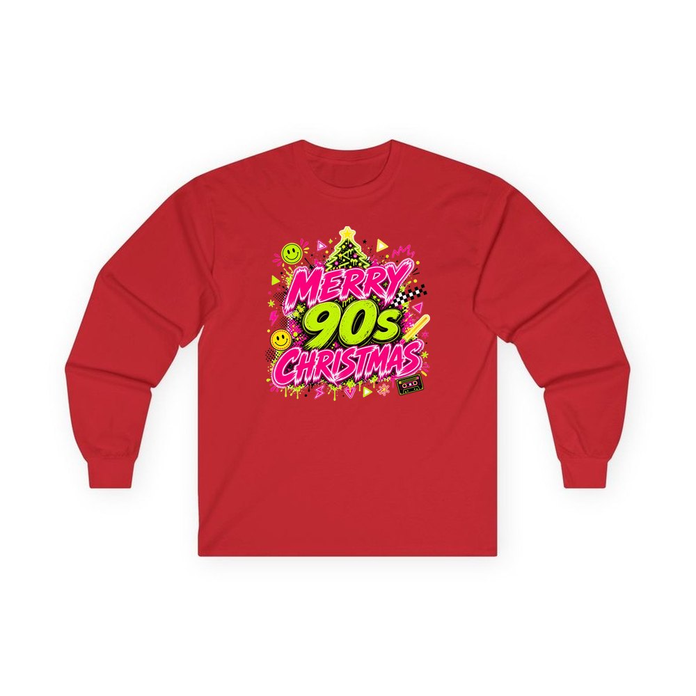 Merry Nineties Neon Christmas personalised long sleeve Christmas T-shirt in red