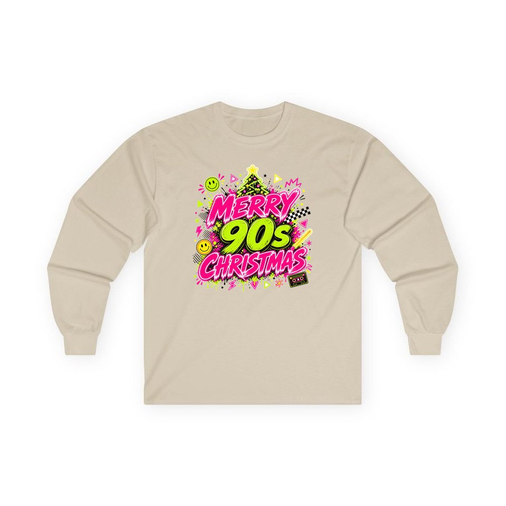 Merry Nineties Neon Christmas personalised long sleeve Christmas T-shirt in sand