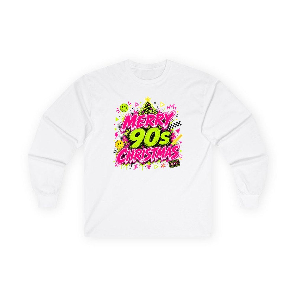Merry Nineties Neon Christmas personalised long sleeve Christmas T-shirt in white