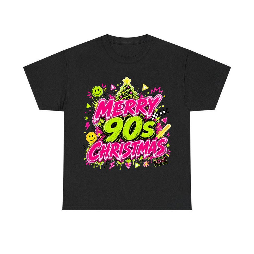 Merry Nineties Neon Christmas personalised Christmas T-shirt in black