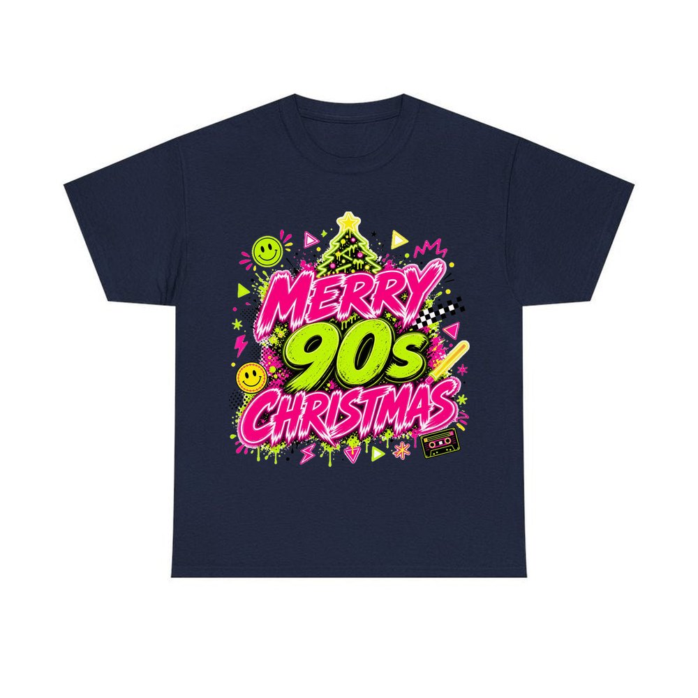 Merry Nineties Neon Christmas personalised Christmas T-shirt in navy