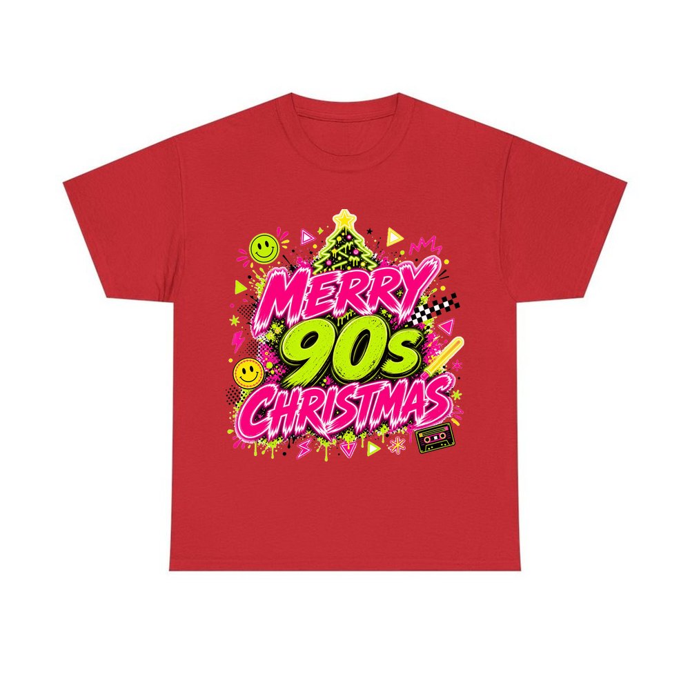 Merry Nineties Neon Christmas personalised Christmas T-shirt in red