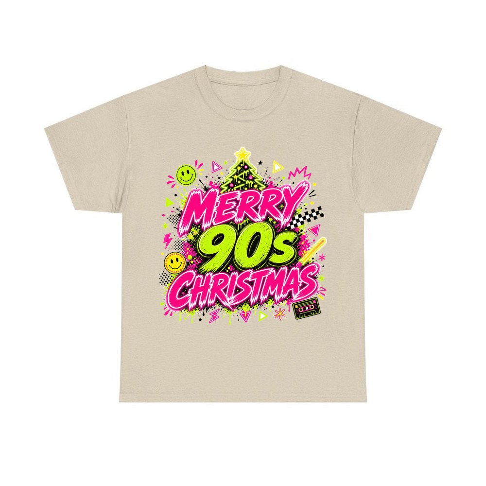 Merry Nineties Neon Christmas personalised Christmas T-shirt in sand
