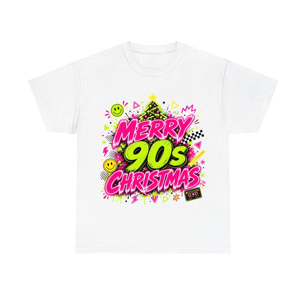 Merry Nineties Neon Christmas personalised Christmas T-shirt in white
