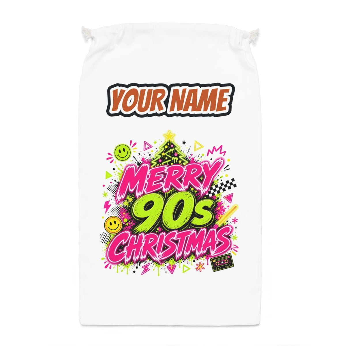 Merry Nineties Neon Christmas Santa sack laid flat, showing the full print