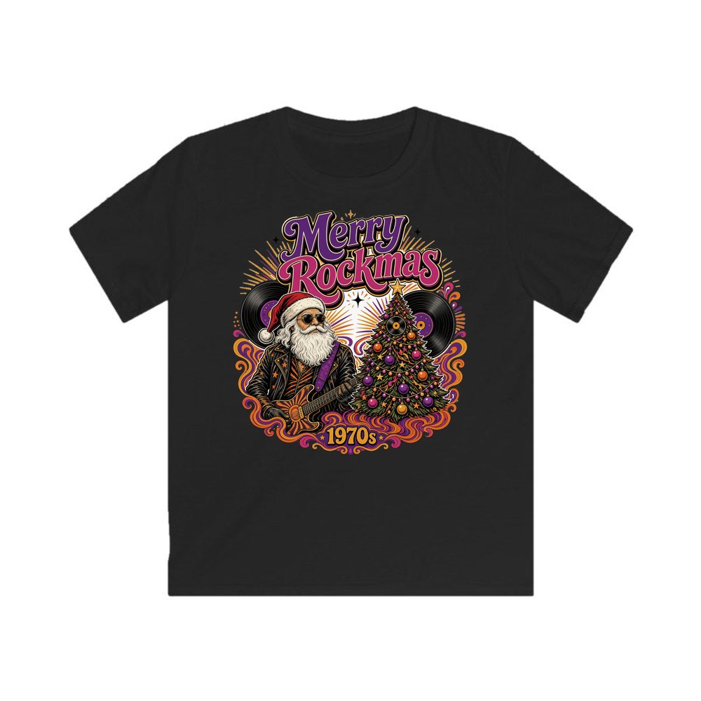 Merry Rockmas Guitar Santa personalised kids Christmas tee in black