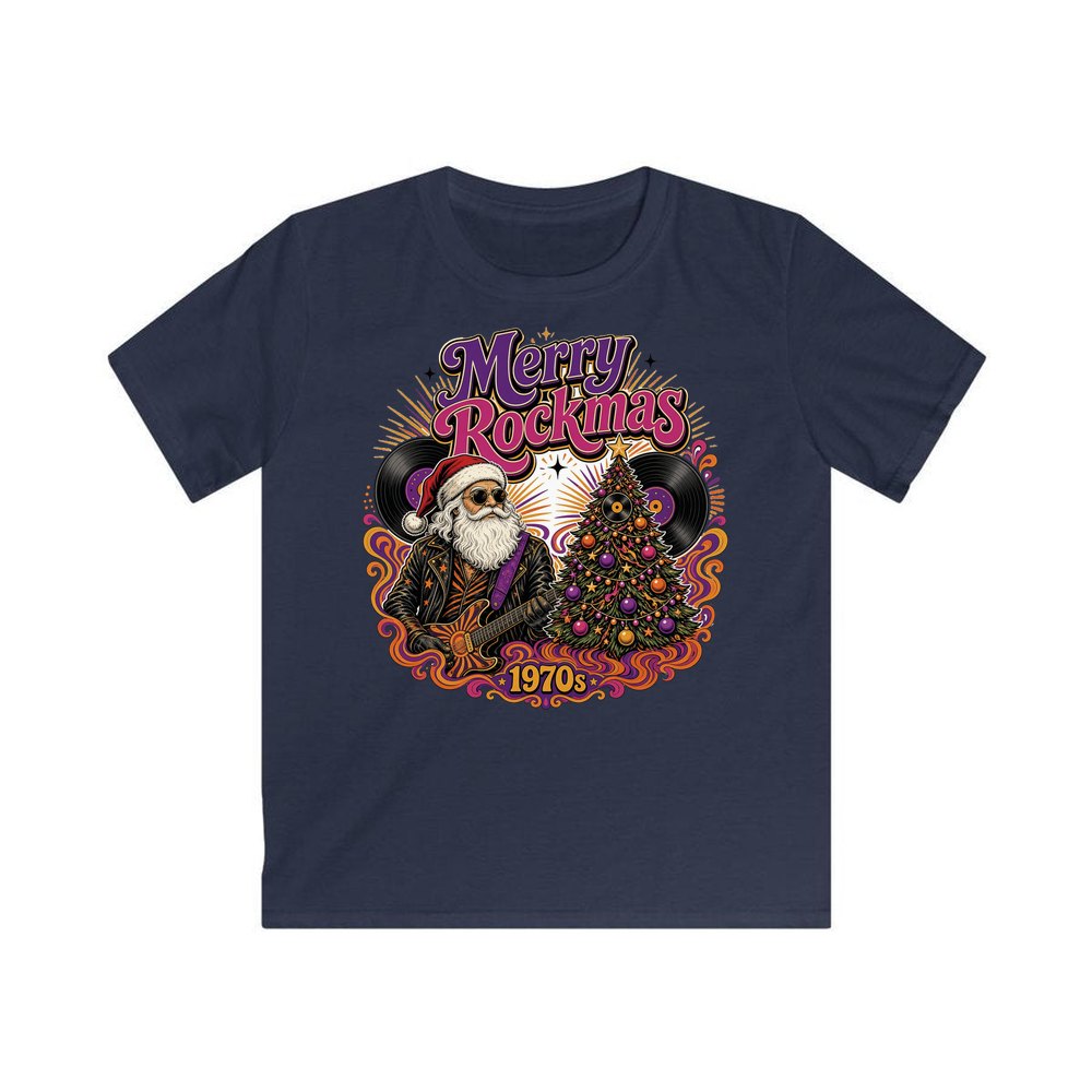 Merry Rockmas Guitar Santa personalised kids Christmas tee in navy