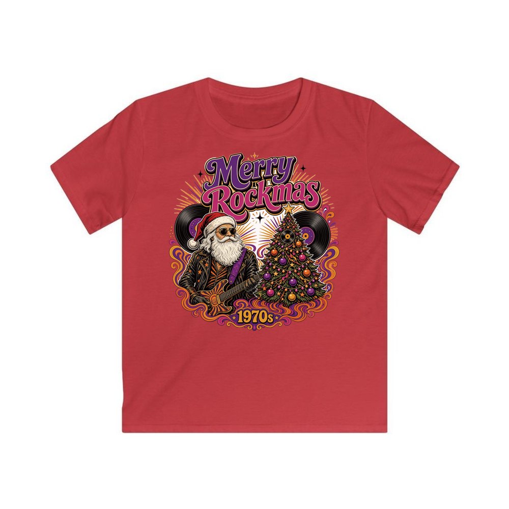 Merry Rockmas Guitar Santa personalised kids Christmas tee in red