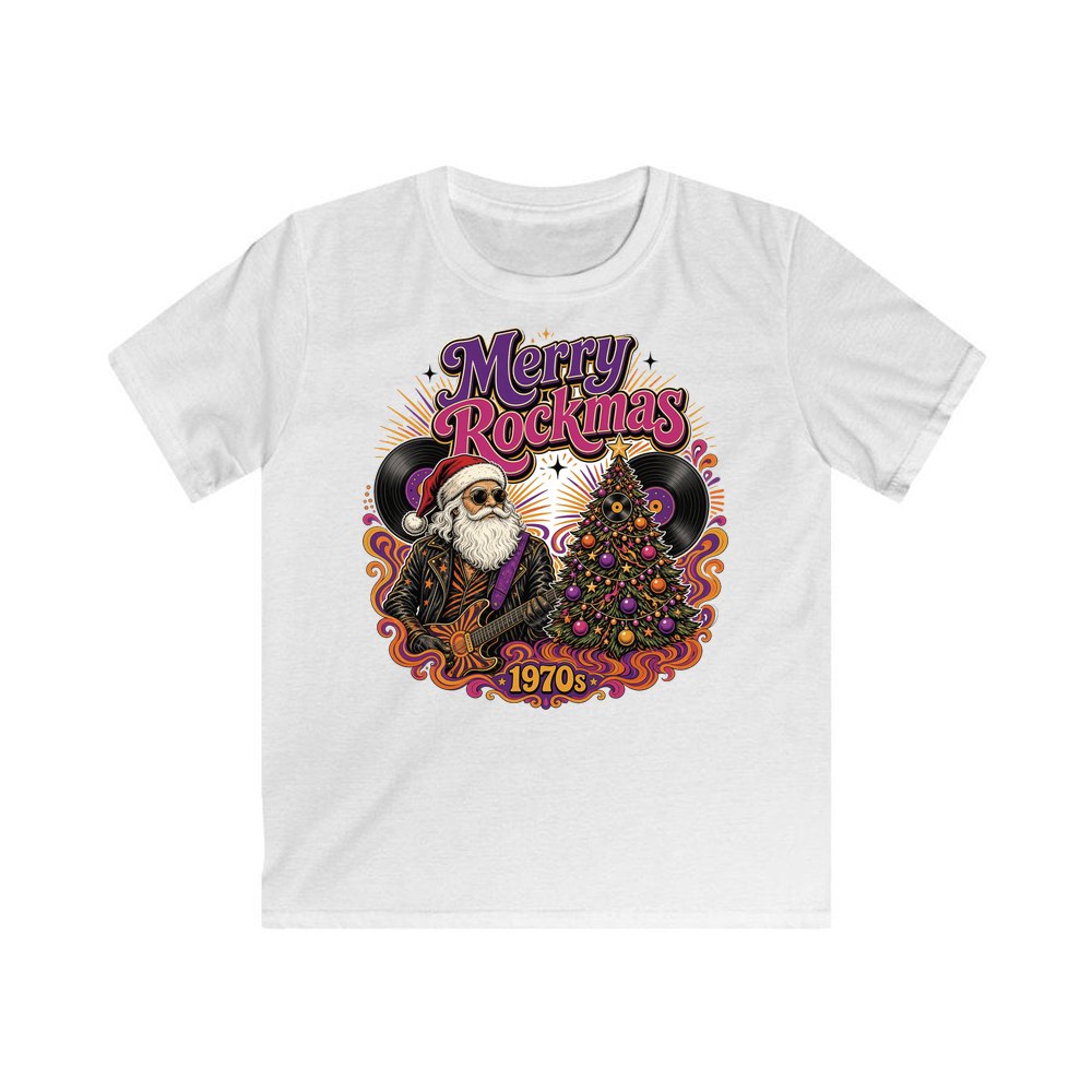 Merry Rockmas Guitar Santa personalised kids Christmas tee in white