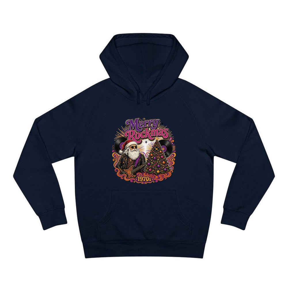 Merry Rockmas Guitar Santa personalised Christmas hoodie in navy