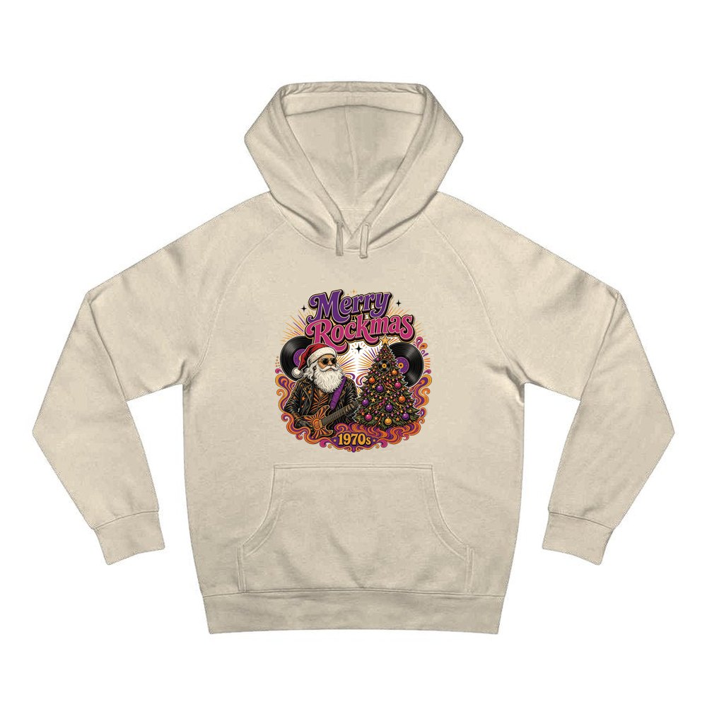 Merry Rockmas Guitar Santa personalised Christmas hoodie in sand