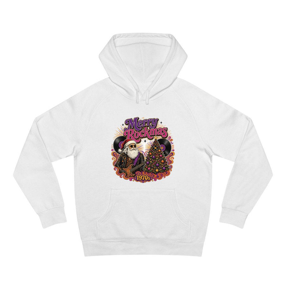 Merry Rockmas Guitar Santa personalised Christmas hoodie in white