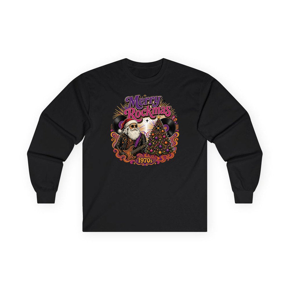 Merry Rockmas Guitar Santa personalised long sleeve Christmas T-shirt in black