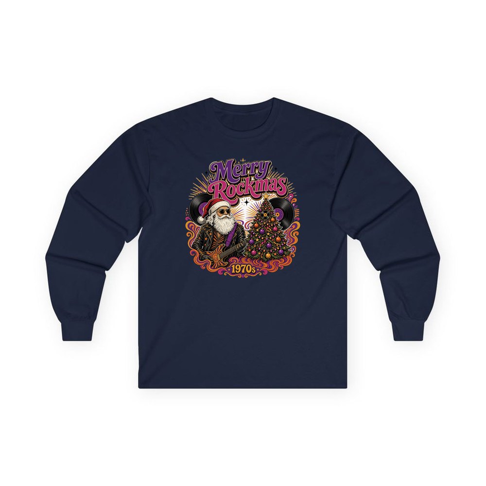 Merry Rockmas Guitar Santa personalised long sleeve Christmas T-shirt in navy