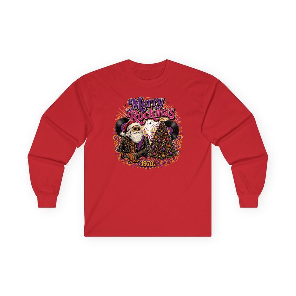 Merry Rockmas Guitar Santa personalised long sleeve Christmas T-shirt in red