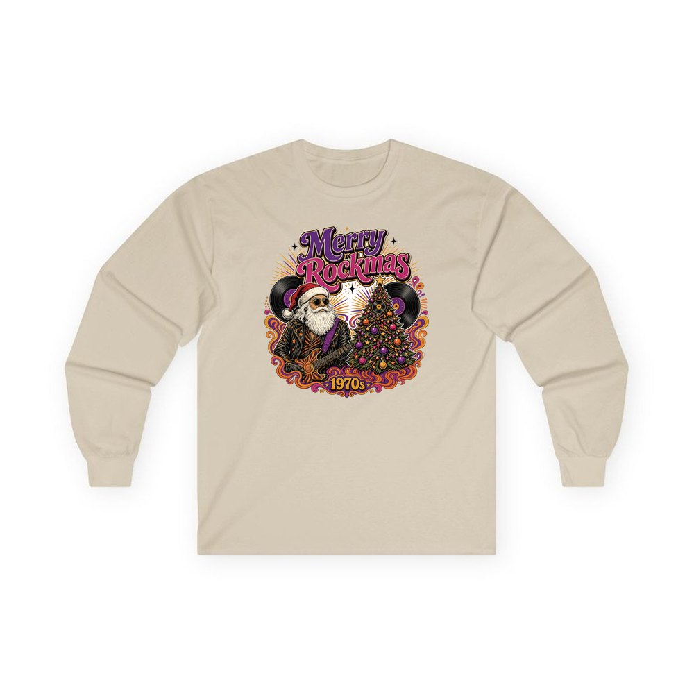 Merry Rockmas Guitar Santa personalised long sleeve Christmas T-shirt in sand