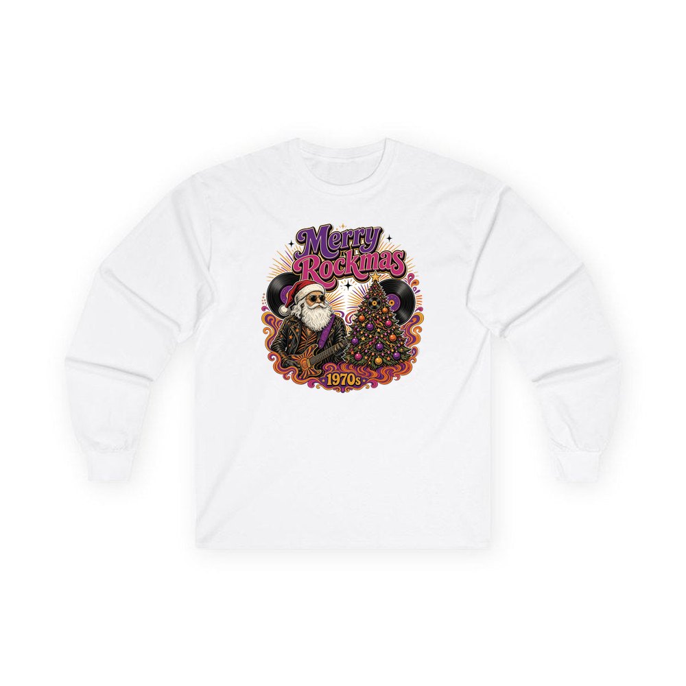 Merry Rockmas Guitar Santa personalised long sleeve Christmas T-shirt in white
