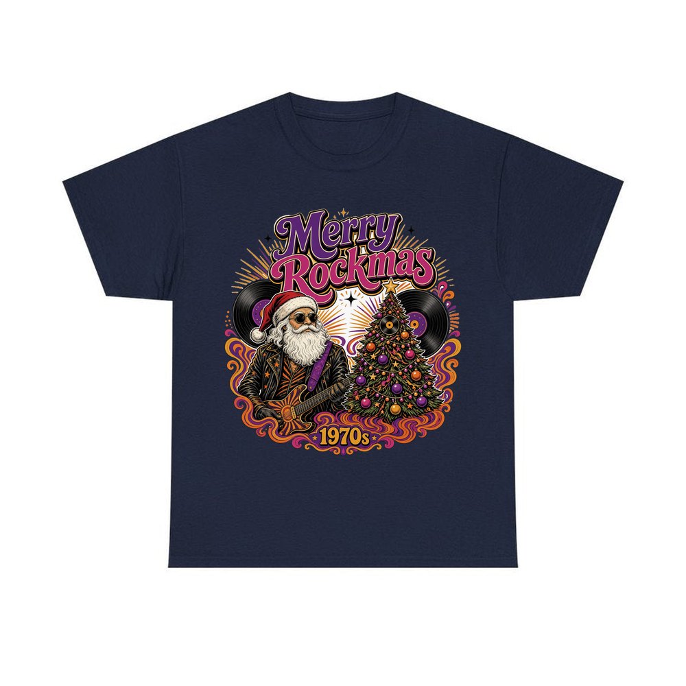 Merry Rockmas Guitar Santa personalised Christmas T-shirt in navy
