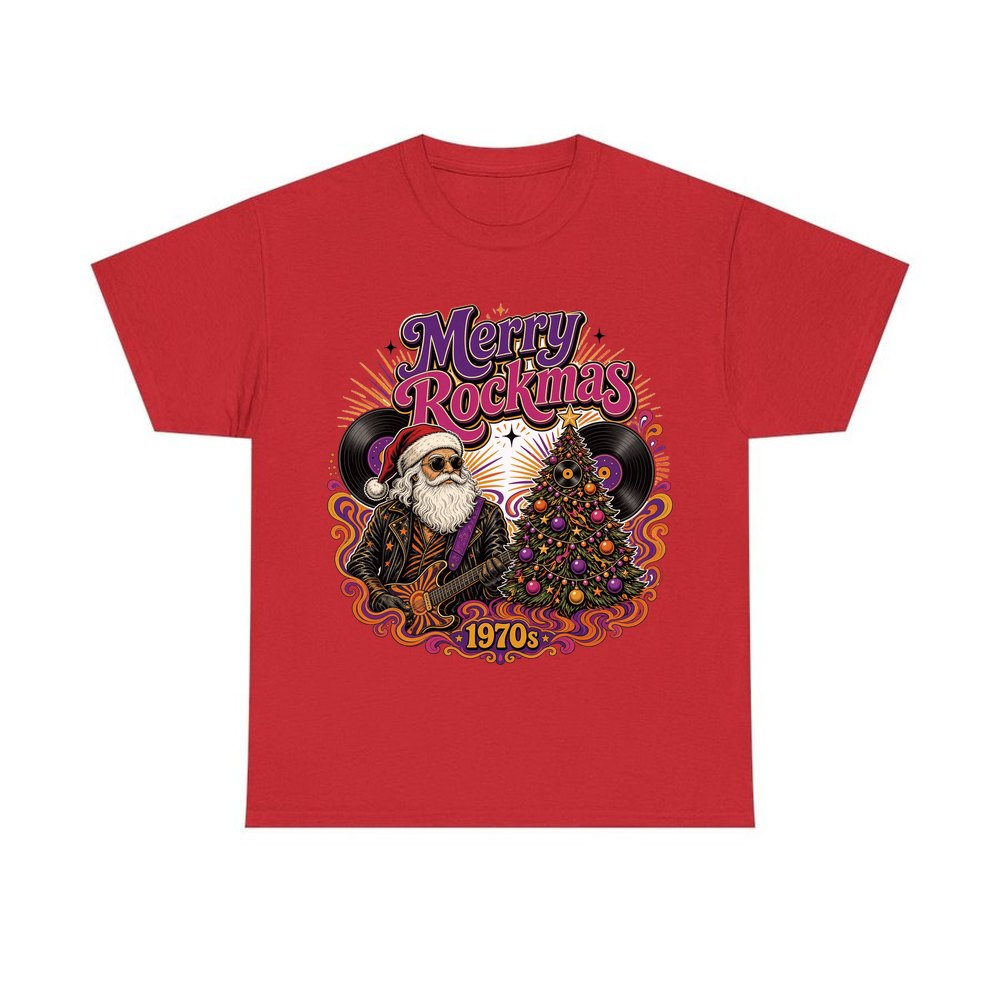 Merry Rockmas Guitar Santa personalised Christmas T-shirt in red
