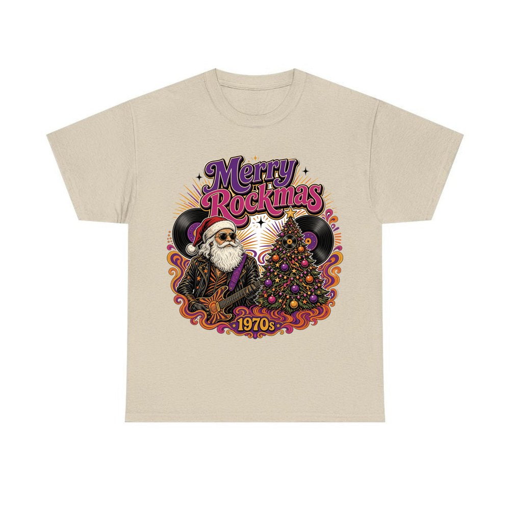 Merry Rockmas Guitar Santa personalised Christmas T-shirt in sand