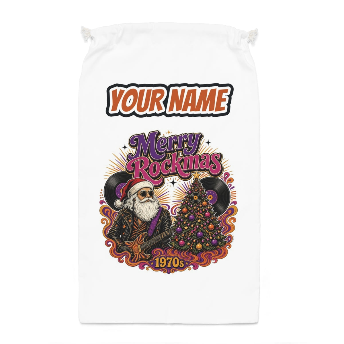 Merry Rockmas Guitar Santa Santa sack laid flat, showing the full print