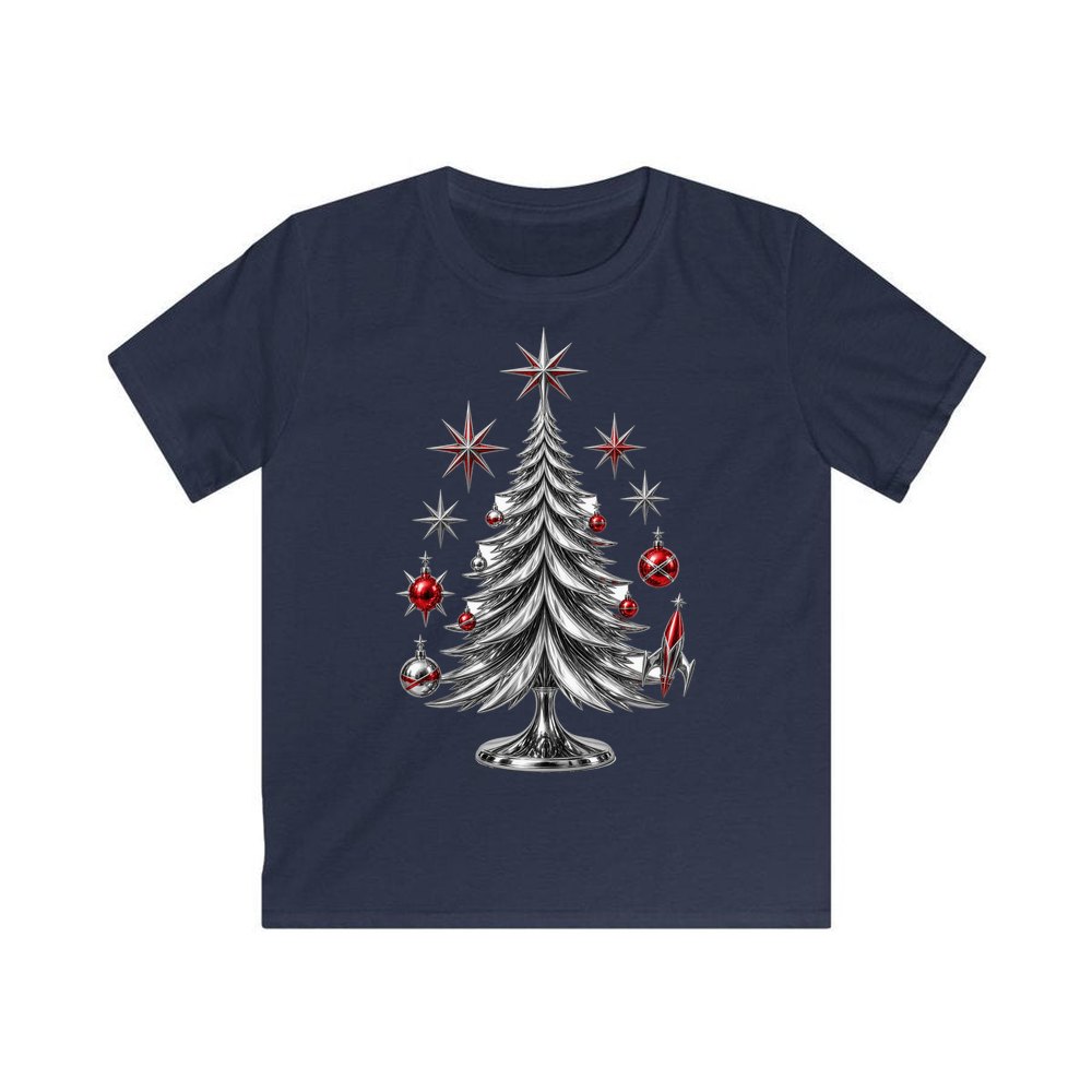 Midcentury Chrome Christmas Tree personalised kids Christmas tee in navy