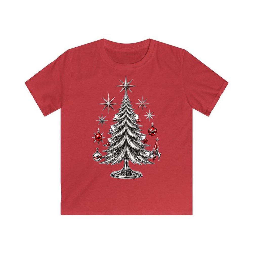 Midcentury Chrome Christmas Tree personalised kids Christmas tee in red