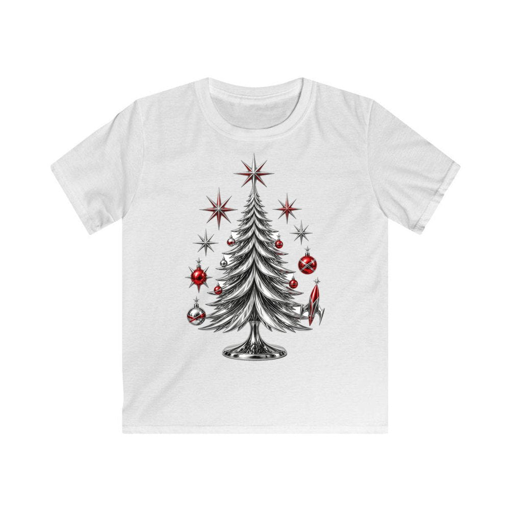 Midcentury Chrome Christmas Tree Kids Christmas Tee design on a white kids tee